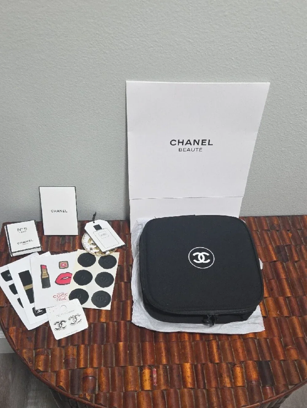 CHANEL Black Cosmetic Travel Case with White CC Logo Also Everything In Pictures